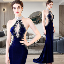Evening dress women 2021 New temperament slim banquet high end fishtail velvet sexy dress cheongsam backless long dress