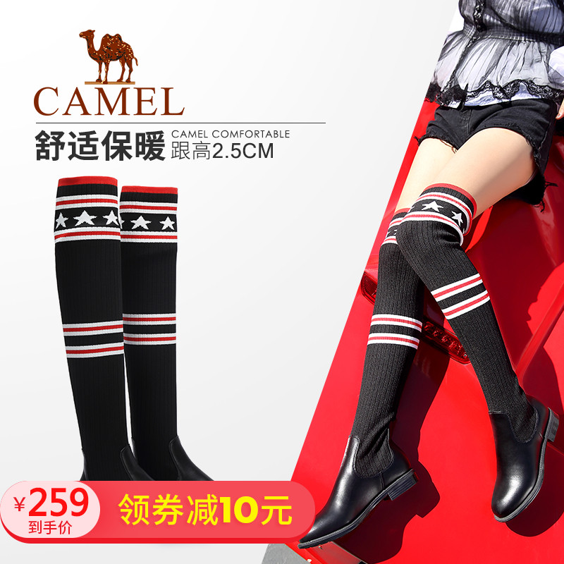Camel women's shoes in autumn and winter new fashion slim stitching boots, low heel boots, net red boots over knee boots
