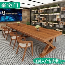 American solid wood conference table long table simple modern desk industrial style training table meeting guest negotiation table and chair combination