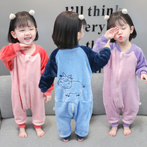 Childrens pajamas autumn and winter flannel baby split leg anti kicking by male baby coral velvet sleeping bag girl jumpsuit