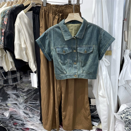 Джинсовая юбка, куртка, комплект, тонкие штаны для отдыха, короткий рукав, воротник поло, на шнурках, эластичная талия