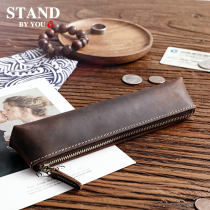 Vintage handmade mens and womens simple crazy Horse leather pencil bag Leather pencil bag first layer cowhide stationery box zipper glasses bag