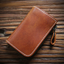 Handmade Retro Italy Plant Tannic Leather Man Genuine Leather Wallet Head Layer Cow Leather Short Money Clip Zip Zero Money Bag