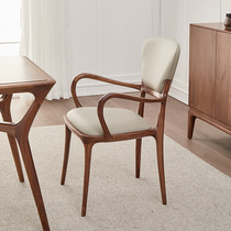 Black walnut dining chair solid wood armrest chair home light luxury leather chair owner soft seat chair back chair
