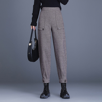 Woolen Harlan pants women's autumn and winter loose nine-point overalls casual boots pants high waist radish pants women's pants padded pants