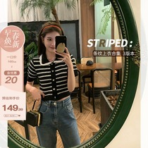 Small and pleasant to customize (striped blouses combined) small fragrant spring with knitted cardiovert sweater jacket with undershirt short sleeve wind