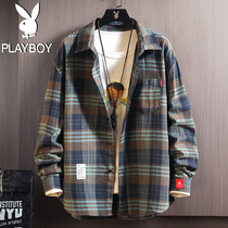 Playboy plus velvet shirt men long sleeve spring and autumn warm casual inch shirt coat autumn and winter thick plaid shirt