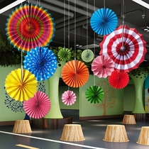  Shopping mall window air pendant paper fan Kindergarten corridor pendant Classroom environment layout Colorful fan flower decoration