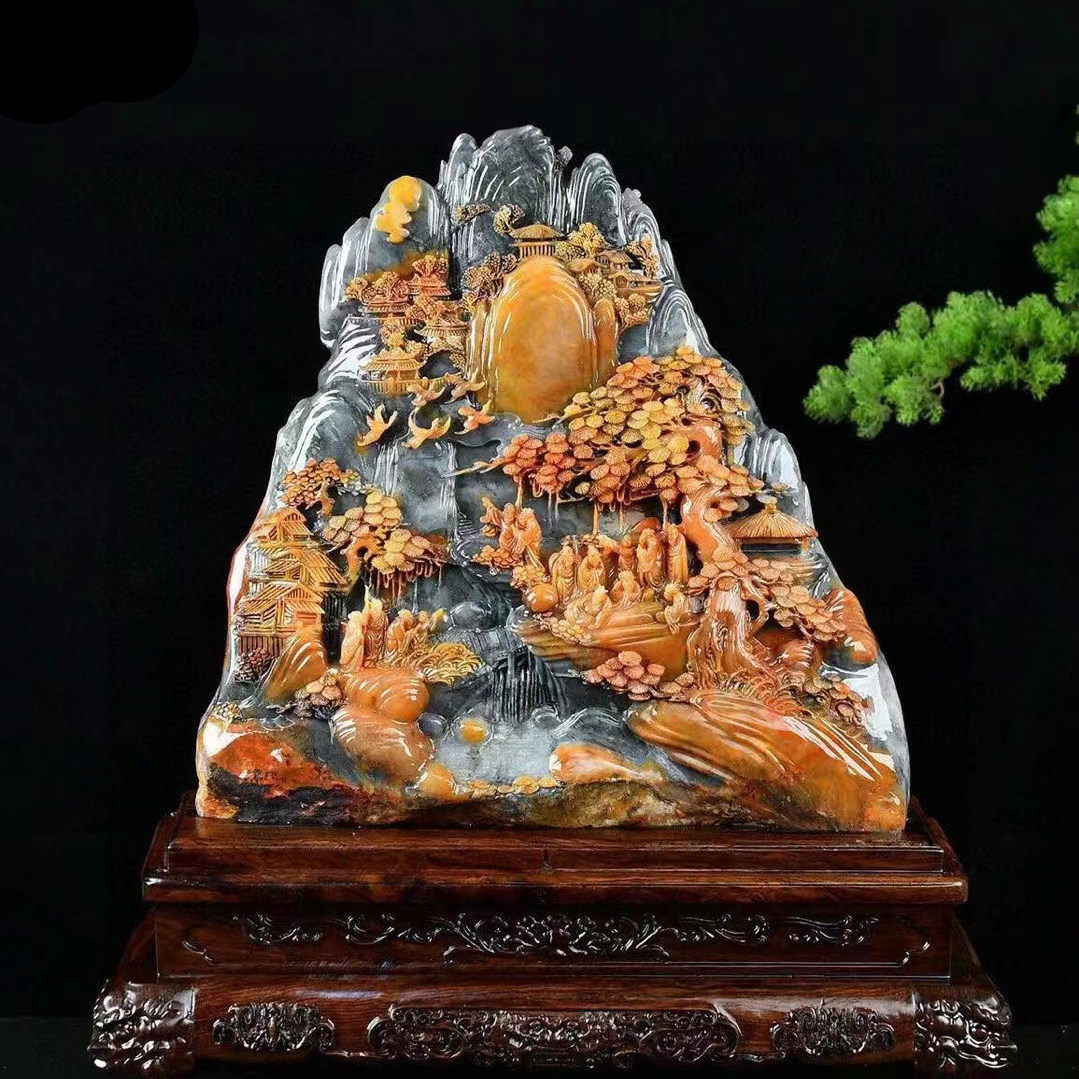 寿山石草文置物 彫刻 重量1138g / 天然石 原石 置物 鑑賞石 飾石 鉱物