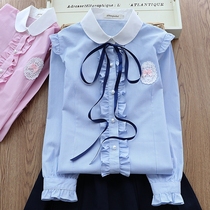 Girls Shirt 2021 Spring Long Sleeve Korean Baby Shirt Striped Cotton Jacket Women's Big Child White Collar Baby Shirt
