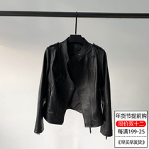 Haining 2021 autumn new leather leather womens sheep leather stand collar locomotive zipper short slim leather jacket