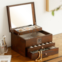 Ear stud earrings necklace storage box jewelry jewelry box large capacity wooden drawer household jewelry box cosmetic mirror