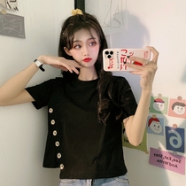 Pure cotton short-sleeved black t-shirt womens 2021 summer design sense niche loose net red short section irregular top tide