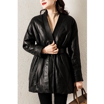 WK sheepskin leather down jacket female 2021 Winter new belt waist slim long goose down jacket