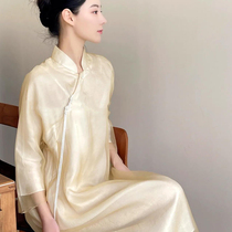 Palace Wind Retro Standing Collar Pumping Rope Improved Qipao Woman 2022 Springtime New Superior Sense Loose Web Yarn Dress dress