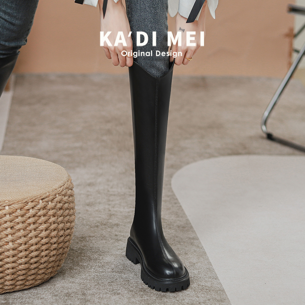 Knee length boots, women's genuine leather, 2023 autumn/winter plush new Korean version thick soled high tube riding boots, women's back zipper