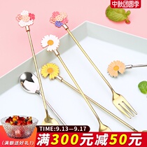 Japanese stainless steel coffee spoon long handle stirring spoon ice cream spoon cute petal milk tea milk powder mixing stick
