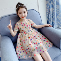 Korean girls floral dress summer dress 2021 new foreign atmosphere in the big child princess dress mesh short sleeve skirt tide