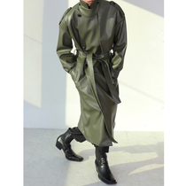 Military green windbreaker design sense senior male long coat 2021 autumn and winter Korean trend loose leather coat