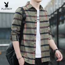 Playboy plaid shirt men long sleeve plus velvet thickened loose warm casual autumn and winter mens high-end shirt