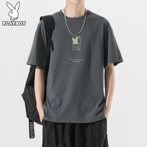 Playboy short-sleeved t-shirt mens trendy brand pure cotton loose 2021 new summer top plus size boys clothes
