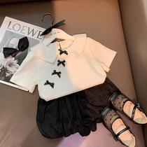 Girls Set Summer 2021 New Girl Baby Short Sleeve Bow Top Cloud Puff Shorts Two-piece Set