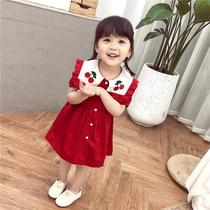 Girls summer cotton short sleeve dress 2021 New Korean baby Cherry embroidery lapel princess skirt