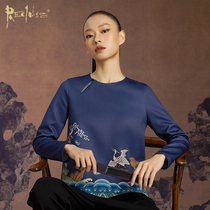 RECLUSE Haina Chinese style crane sea water river cliff printing design round neck oblique lapel modified Tang dress top female