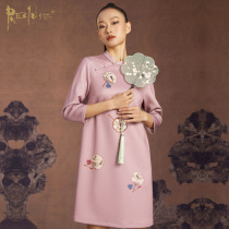 RECLUSE fan Autumn New Chinese style slant stand collar scatter print nine-cut sleeve modified cheongsam dress