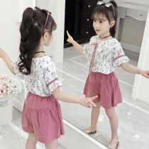 South Korea Girls Summer Suit Children Short Sleeve Summer Clothing CUHK Girl Girl Net Red Ocean Gas Thin Shorts Two Sets