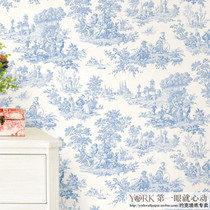 American wallpaper wallpaper French country characters background wall blue and white porcelain blue flowers and birds American pastoral seamless wall cloth