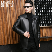Leather down jacket mens medium length detachable liner stand collar thick leather jacket plus velvet warm leather jacket