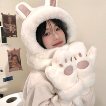 Cute rabbit ear hat scarf one female winter plush bear bib winter warm gloves three sets