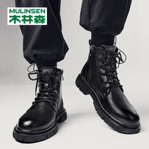 Mullinson Martins Men's Winter Men's British High Top Dress Men's Boots Side Zip Thick Bottom Heightened Black Leather Boots
