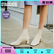 Thagatu Winter New Cream Shoes Retro Square Head Coarse Heel Leather Boots Woman Boots Short Boots 9UP05DD0