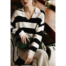 ZYH464325AG] Light retro vintage Lazy Breeze dont make V-print Collar Striped with wool knit blouses