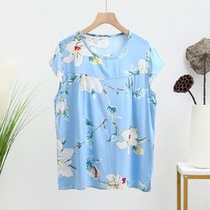 Middle-aged and elderly silk pajamas womens large size artificial cotton short sleeve T-shirt mother home clothes thin cotton silk top women
