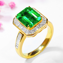 Gem brother natural emerald ring female 18K gold color treasure ladder square diamond ring female processing inlay