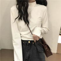 Scrub thickened semi-high collar white base shirt autumn and winter 2021 New plus velvet interior long sleeve T-shirt top women