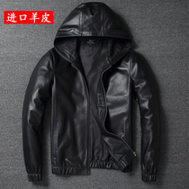 Imported top sheepskin casual leather jacket hooded leather leather jacket mens strap cap and cotton short youth slim coat
