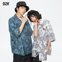 Couples Printed Ice Silk Shirt Man Short Sleeve Summer Tide Card Mens Clothing 2022 New Tide Lining Jacket Loose Jacket