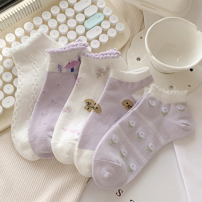 taobao agent Tide, purple cute Japanese thin breathable socks, with little bears