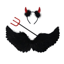 Children feather wings Elf dress up angel demon ghost Black headdress Adult catwalk photo fairy stick props