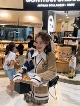 Meimei summer spring and autumn long sleeves V-collar Plaid college style knitted cardigan jacket womens loose autumn checkerboard