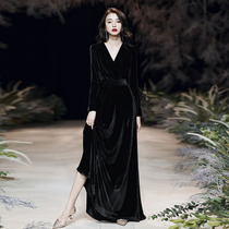 Velvet Evening Dress Women 2021 New Explosion High-end Banquet Dress Black Long Dress Premium Size Summer