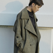 Deerskin velvet windbreaker men long loose Japanese A pendulum vintage army green lapel collar shoulder suede coat men