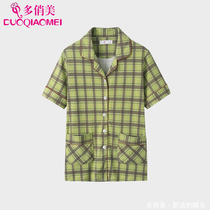 2022 new cardigan pajamas womens top single piece cotton short-sleeved plaid summer thin homewear can be worn outside