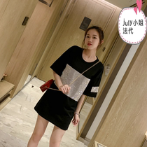 july fadai maje 2020 new short-sleeved front short back long loose medium-long black t-shirt dress