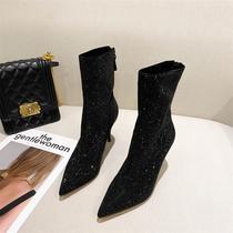 maje karena French style black pointed sheep Kyung velvet patch kitten with short boots female back zipper high heels