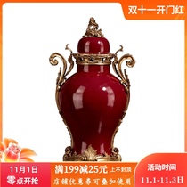 European red ceramic inlaid copper high-grade Atmospheric Storage cover altar luxury villa living room decoration general tank ornaments